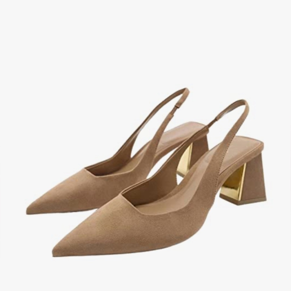 Zara Beige Slingback Heels with Metallic Block